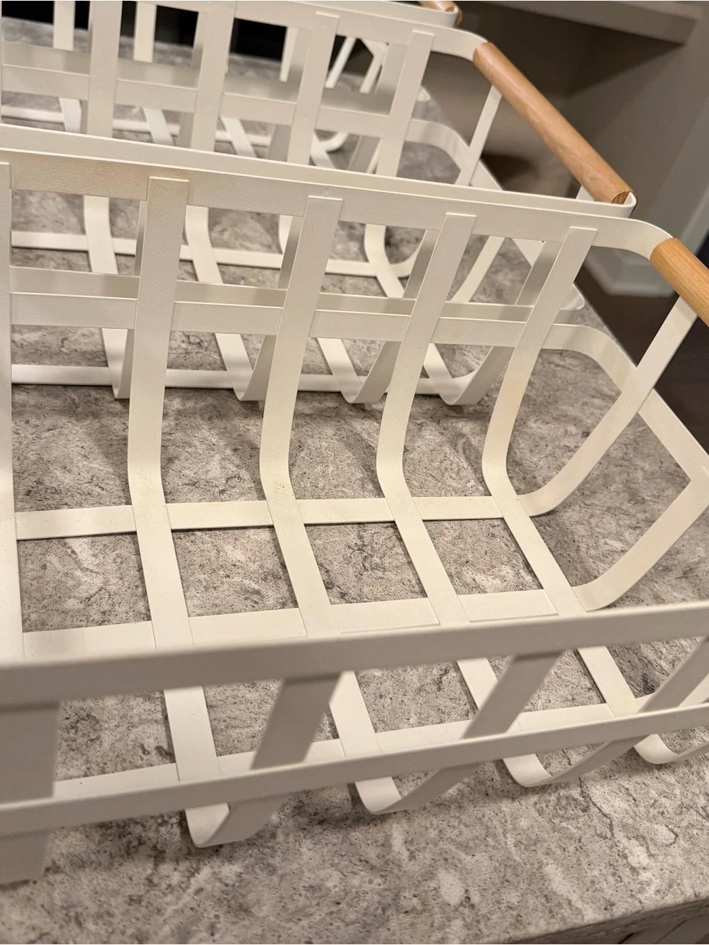 Yamazaki White Grid Storage Basket with Wooden Handles
